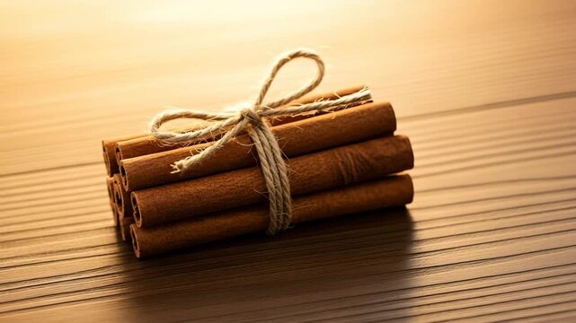 Warm cinnamon sticks bound with twine on a textured wooden surface with soft golden light spice bark vector illustration EPS file download.
