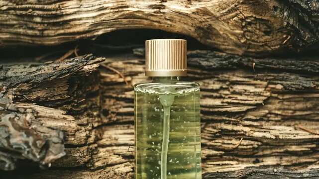 A clear rectangular glass bottle with a light green liquid and a ribbed gold-toned cap stands against a background of deeply textured weathered wood bark
