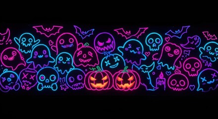 Mesmerizing neon Halloween pattern with an array of smiling ghosts, glowing pumpkins, and spooky bats, designed to add a vibrant and electrifying touch to any festive celebration