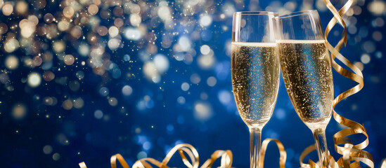 Two elegant champagne flutes toasting against a sparkling blue background with golden bokeh lights and curling streamers, celebrating a holiday party or New Year's Eve event.