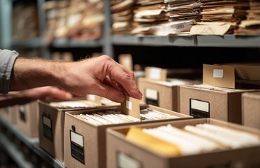 Archivist searching index cards in records room