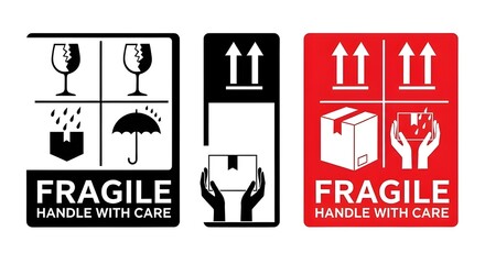 Fragile Handle with Care shipping label icon set vector graphic isolated on white background