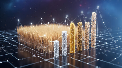 Wheat field growing into a rising bar graph, symbolizing growth, data, and agricultural success