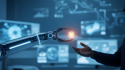 A futuristic robot arm gently handing a glowing data chip to a human silhouette in a high tech lab