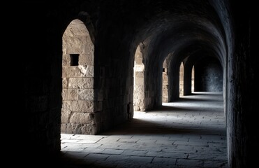 Naklejka premium Dark stone corridor in medieval fortress