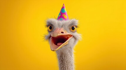 A cheerful ostrich dons a colorful party hat expressing excitement against a vivid yellow backdrop. The scene captures the spirit of celebration and joy perfect for any festive occasion.