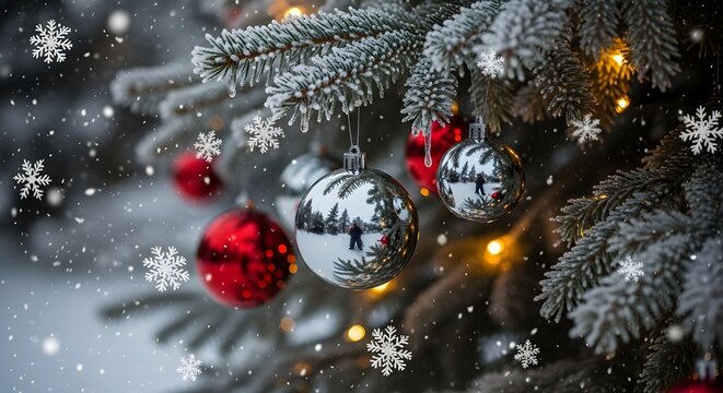 Festive snowy Christmas tree background with red and silver baubles and falling snowflakes
