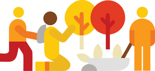 Community planting trees together for vibrant urban green space on black background