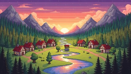 Idyllic Pixel Art Valley Village at Sunset perfect for game background, website banner, app design, desktop wallpaper, social media graphic, t-shirt design,