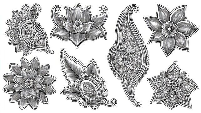 Ornate collection of detailed floral and paisley design elements rendered in monochrome engraving style