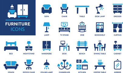 furniture, icon, set, interior, design, home, furnishings, sofa, chair, table, desk, lamp, dresser, wardrobe, bed, nightstand, bookshelf, crib, curtain, bench, dining, cabinet, couch, office, ceiling,