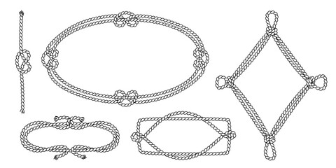 Nautical rope frames and vintage sailor knots collection. Vector marine borders with braided patterns and maritime decorative elements. Classic naval design with oval, rhombus and rectangular shapes. © klyaksun