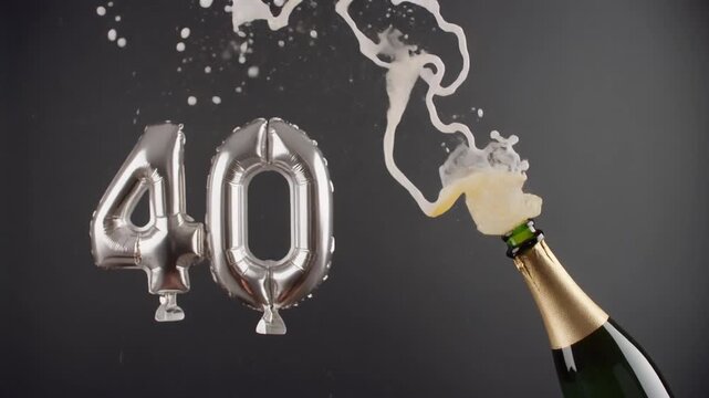 Number 40 balloon with popping champagne bottle. Celebrating a milestone, anniversary or birthday