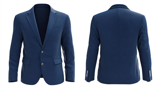 A navy blue suit jacket displayed from the front and back on a white background in a studio shot