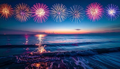 Spectacular fireworks illuminate a deep blue night sky over a reflective, dark ocean with subtle clouds near the horizon, creating a stunning, celebratory coastal view.