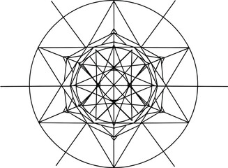 Geometric abstract design, radial symmetry, triangle circle pattern, layered star structure, polygonal artwork, vector illustration, mathematical composition