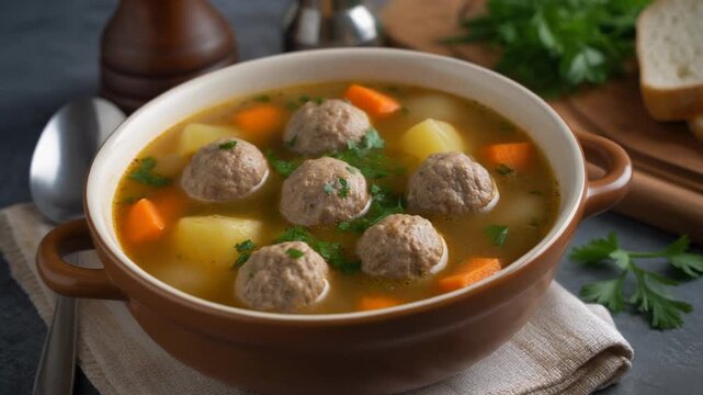 Eine klassische Fleischb&auml;llchensuppe mit zarten Fleischb&auml;llchen, Kartoffeln, Karotten und frischen Kr&auml;utern