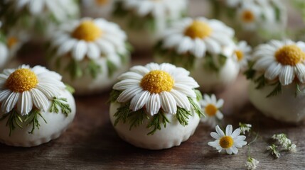 Colorful mini cakes are carefully designed to resemble daisy flowers. Set on a rustic wooden surface these treats are perfect for special occasions and showcase impressive baking skills.