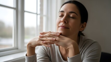 Young woman embracing mindfulness and inner peace near window, finding serenity in simple moments, promoting well-being and calm in everyday life