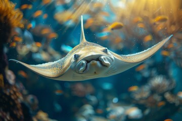 selective focus on underwater scene featuring stingray in tropical environment