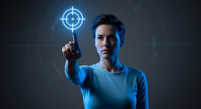 Focused Woman Activating Digital Target Through Advanced Holographic Interface - Powered by Adobe