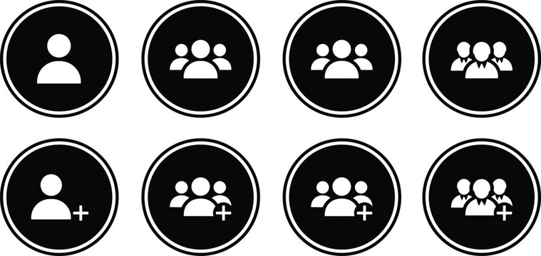 Set of vector icons with solid white user profiles and small groups of people inside contrasting black circles, including symbols for adding a new user or member to a team.