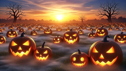 Spooky field of glowing Jack O Lantern pumpkins at sunset for Halloween.