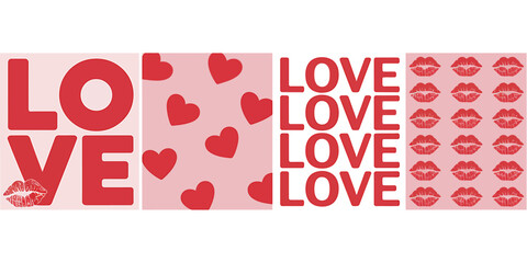 Valentine s day collage with love text hearts and lips pattern background