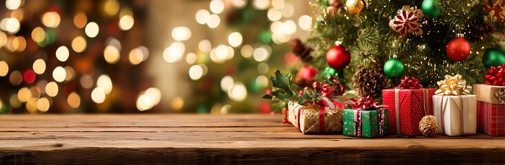 Decorated Christmas tree base with wrapped gifts on a rustic wood surface, set against a warm, blurred background with string lights.