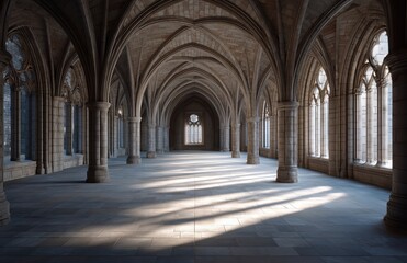 Fototapeta premium Gothic Cloister Interior with Repeating Stone Arches