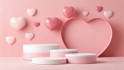 Minimalist 3D Pink Podium with Floating Glossy Hearts