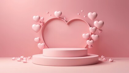 Minimalist 3D Pink Podium with Floating Glossy Hearts