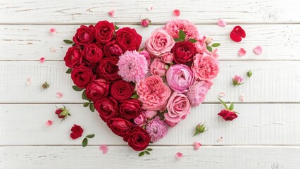 Red Roses and Pink Peonies Arranged in Heart Shape
