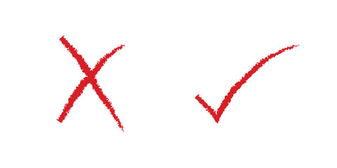 Hand drawn red check mark and cross X sign. Brush stroke right and wrong, correct and incorrect marker symbol vector.