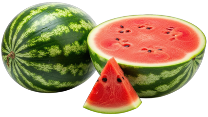 Whole and sliced watermelon fruit isolated on transparent background