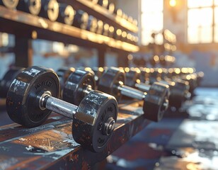 Dumbbells lined on metal rack, sunlit gym