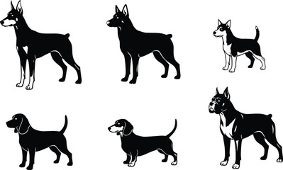 The ultimate vector pack: a massive collection of diverse cartoon puppies, happy adult dogs, and detailed black silhouettes of various popular canine breeds.