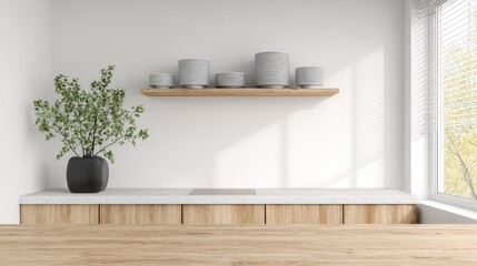 Minimalist interior design showcases modern kitchen elements with natural light filtering through blinds