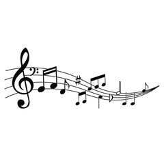Wavy musical staff with black notes, a treble clef, and a sharp sign symbolizing melody and sound