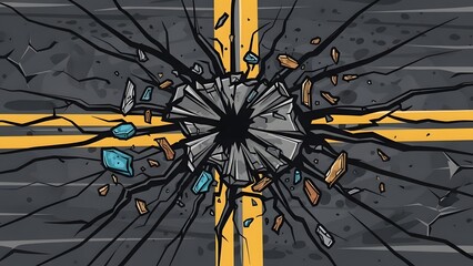 Asphalt Road Shattered by Impact with Debris and Cracks perfect for game background, website banner, presentation slide, social media graphic, safety campaign,