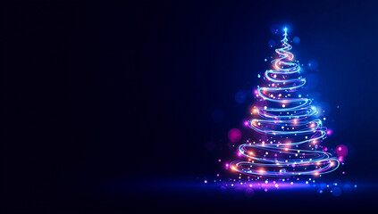 Abstract neon light Christmas tree on a dark blue background, glowing bright swirls forming a festive conical shape with bokeh light effects.