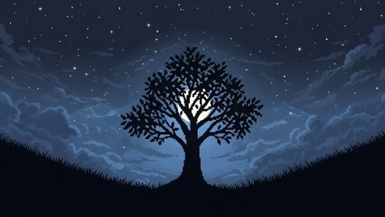 Mystical Tree Silhouette Under Starry Night Sky perfect for website banner, book cover, album art, desktop wallpaper, social media graphic, presentation