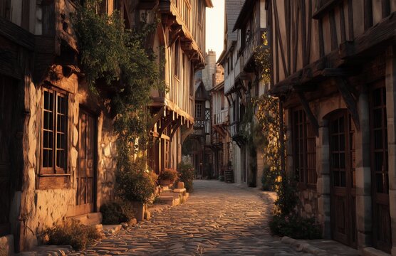 Medieval cobbled lane between timber houses at sunset