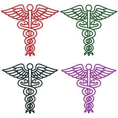 Four caduceus symbols in red green black and purple on a white background medical health care emblem design
