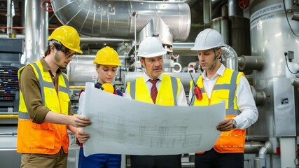 Engineers and technicians in hard hats discussing blueprints in an industrial plant - Powered by Adobe