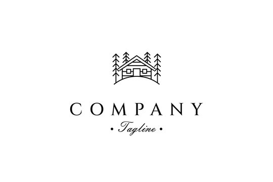 cottage house logo with pine tree in line art design style