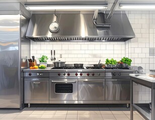 Shiny, stainless steel commercial kitchen with industrial range