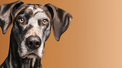 Close up portrait of a harlequin great dane with amber eyes on a neutral background looking at viewer