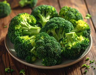 Fresh broccoli florets sit on a plate atop a weathered wooden surface