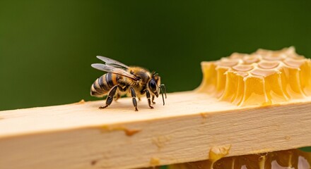 Close up of a bee on a wooden frame with a honeycomb structure